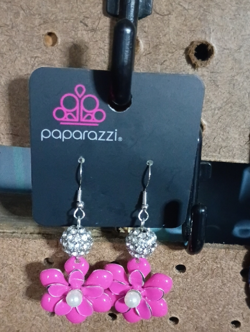 paparazzi Hot Pink Rhinestone & Pearl Flower Dangle Earrings